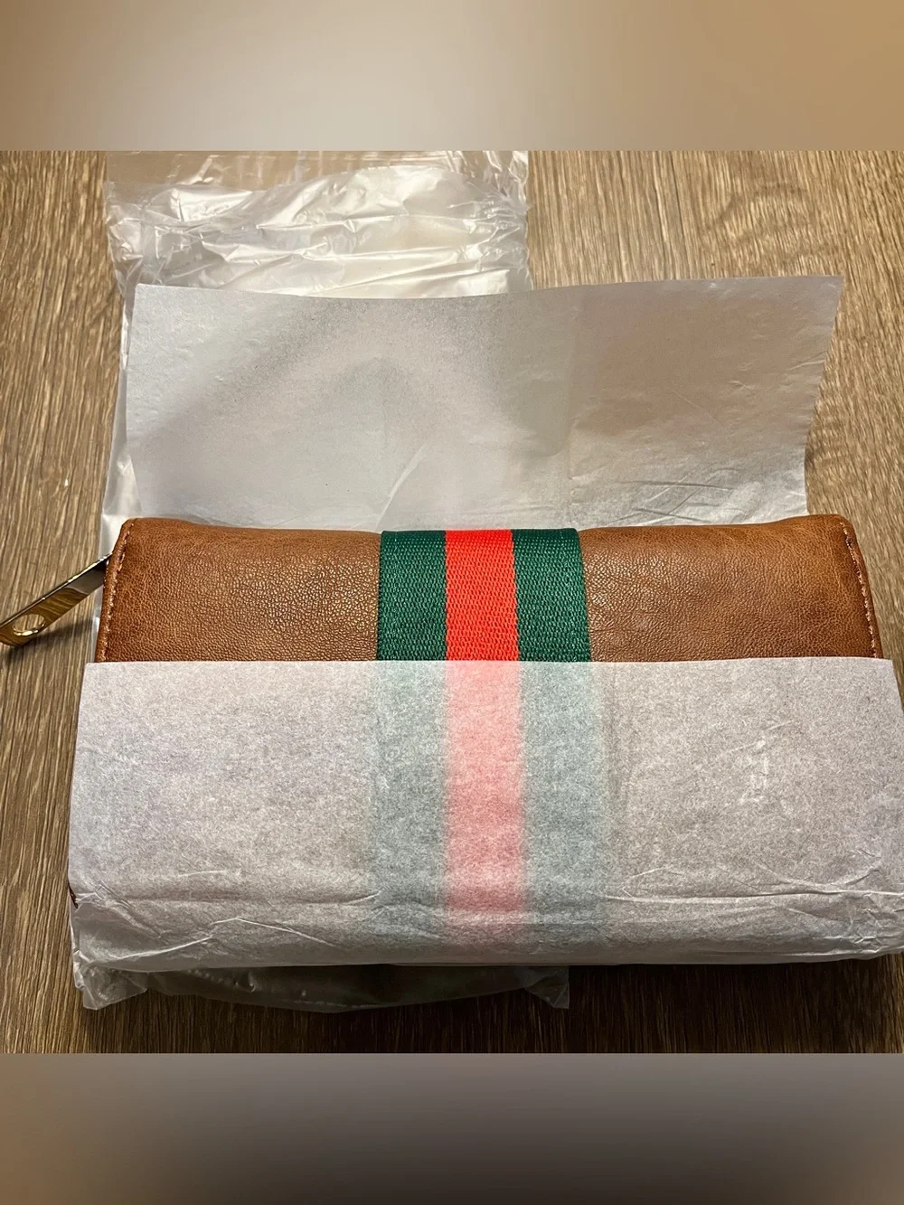 Brown Leather Zip Around Wallet Green Red Racing Stripe NWT